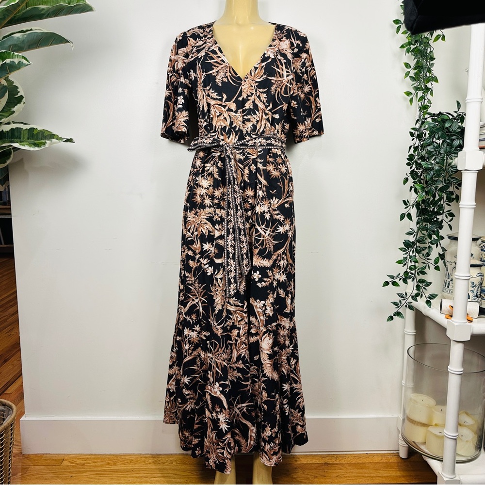 H&M Floral Maxi Dress Sz M Tropical Tie Belt Fit Flare Flounce Cotton